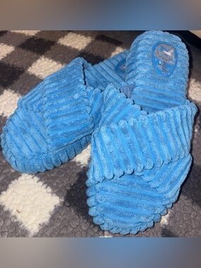 Free People Two Days In Ibiza Terry Slides Cerulean Blue Chunky Open Toe Size 10